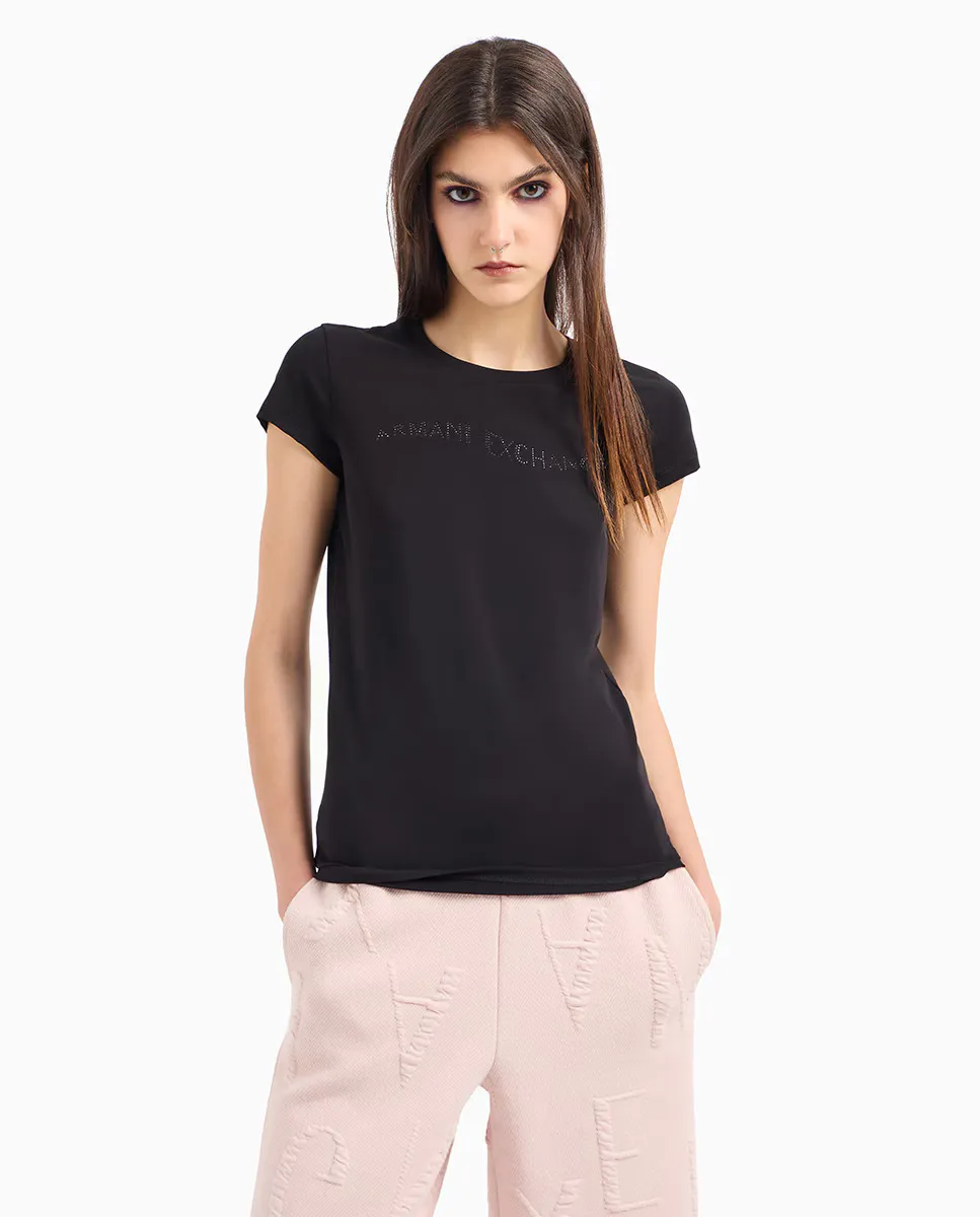 

Облегающая женская футболка с короткими рукавами Armani Exchange, черный
