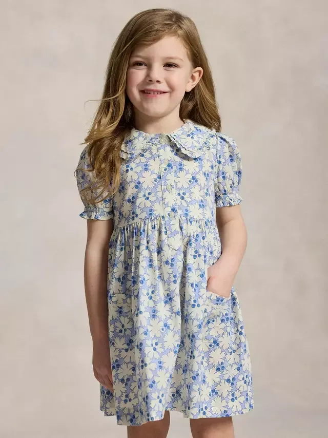 Детское хлопковое платье-рубашка Polo с цветочным принтом Черника, синее Ralph Lauren — фото 3