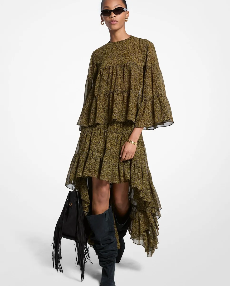 

Юбка из жатого шифона с асимметричным подолом и оборками Michael Michael Kors, хаки