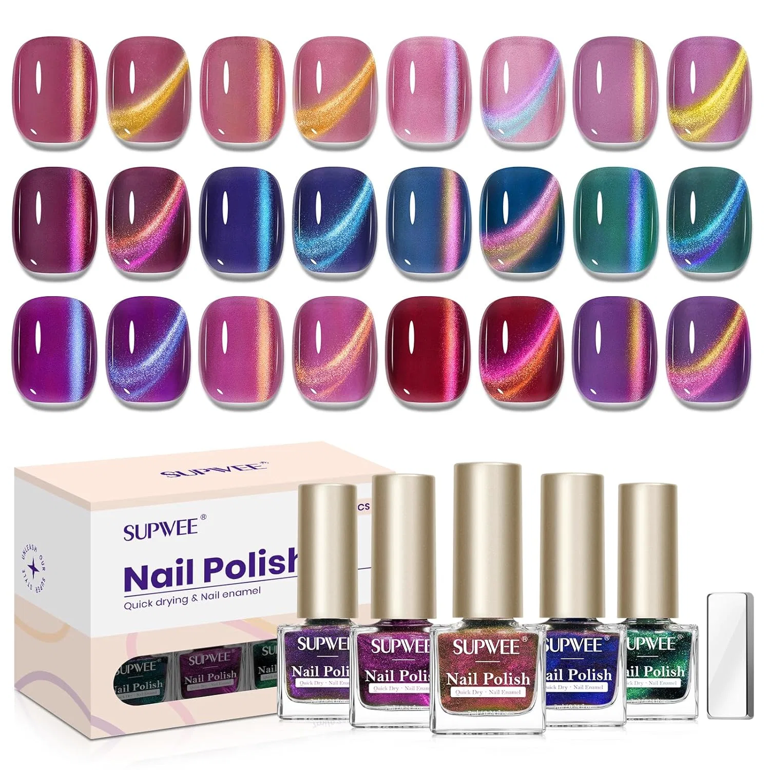 Магнитный лак для ногтей Cat Eye SUPWEE, 12 цветов, 7 мл Supwee, Velvet Rainbow