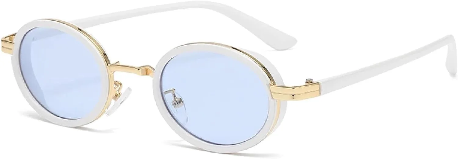 

Овальные солнцезащитные очки в стиле панк для женщин, металлическая оправа, классический винтажный стиль стимпанк, защита от УФ-излучения UV400 TVTBBVV, White Blue