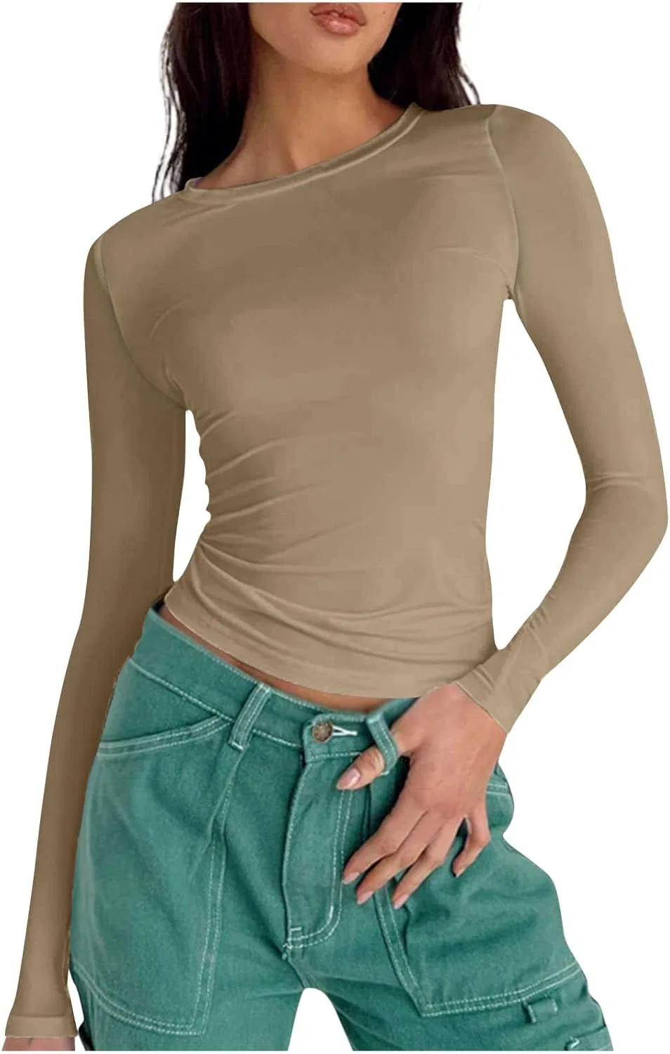 Женский топ с длинным рукавом, облегающий, базовый, бренд Generic, цвет A02_khaki