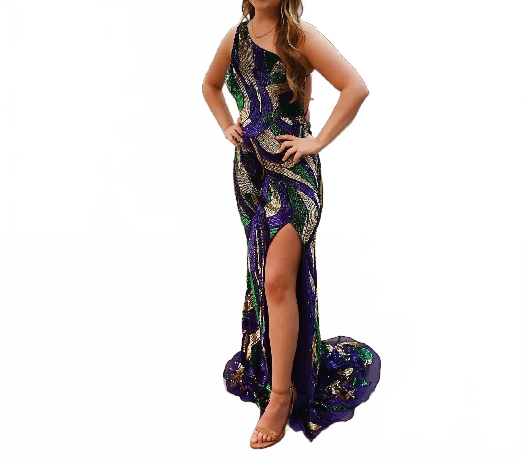 

Вечернее платье с асимметричным плечом и ажурной спинкой в фиолетово-золотисто-зеленых тонах Aleta