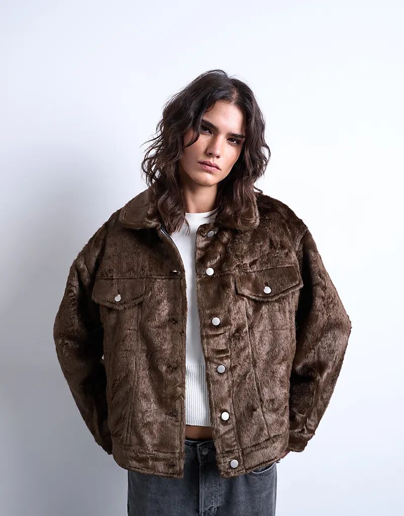 

Куртка Topshop из искусственного меха пони в стиле вестерн дальнобойщика коричневого цвета