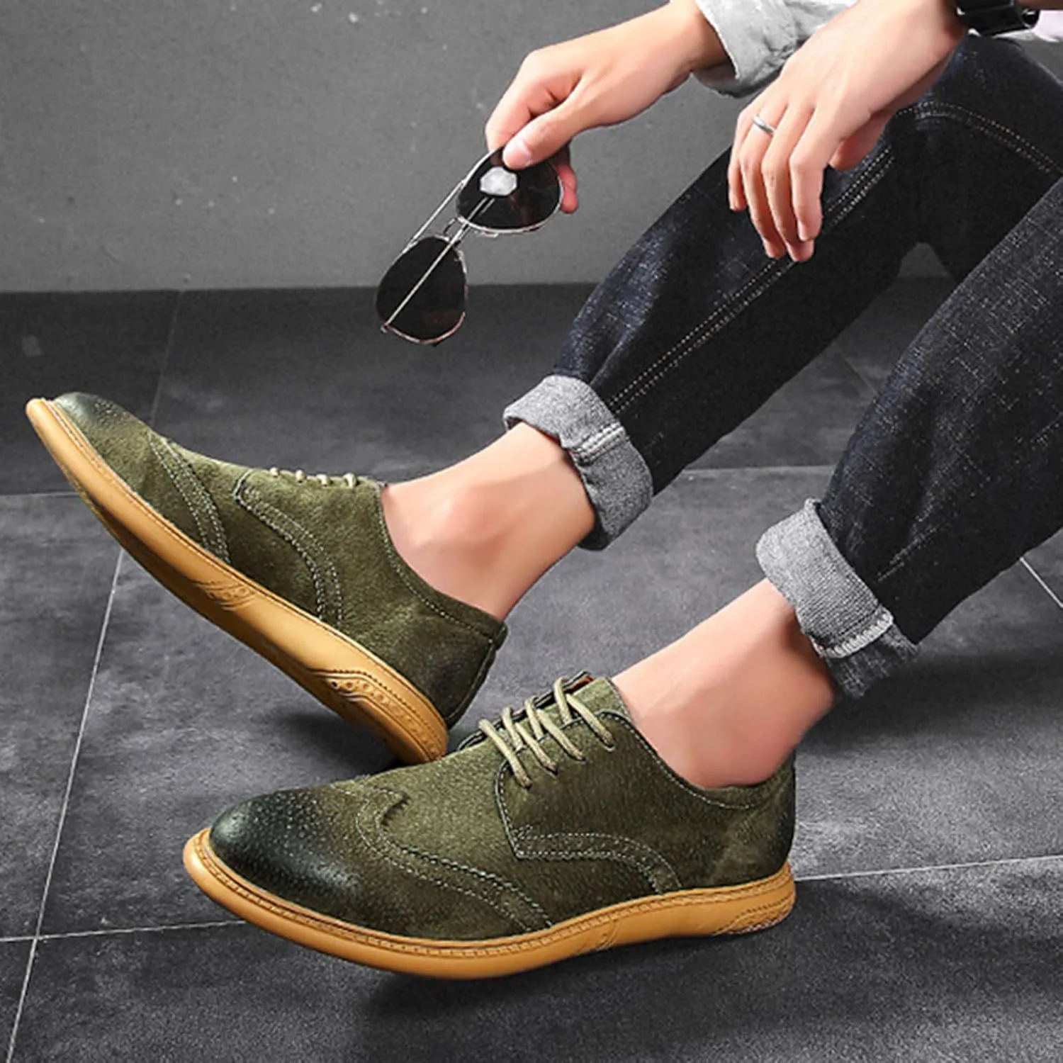 Мужские оксфорды с крыльями Brogue из замшевой кожи, модные туфли с резным рисунком, округлый носок, шнуровка, низкие деловые и повседневные туфли Derby GLBDU, зеленый — фото 3