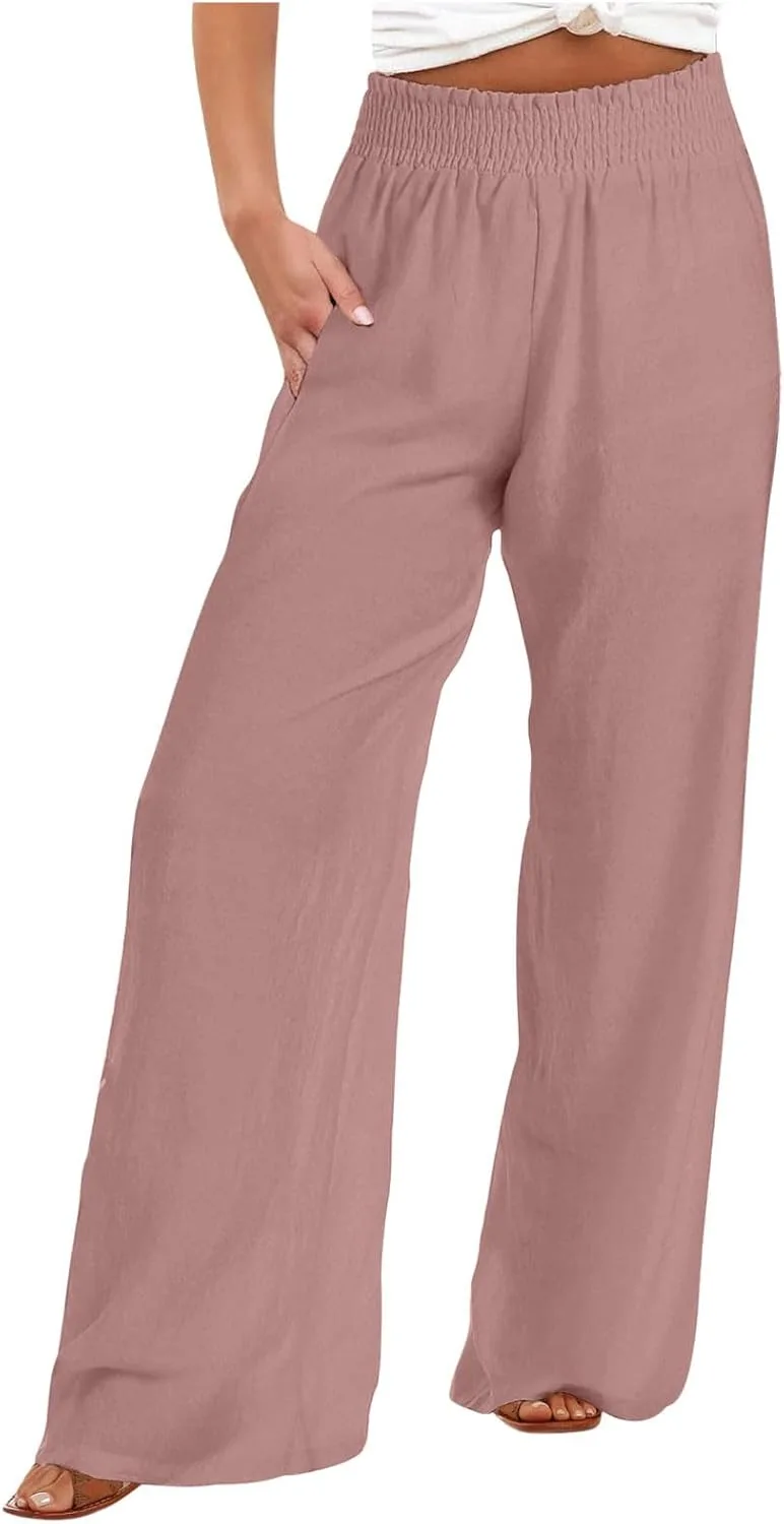 Льняные брюки женские, летние брюки-палаццо 2025 года, свободные брюки с широкими штанинами, пляжные брюки с высокой талией, повседневные брюки для отдыха с карманом generic, розовый