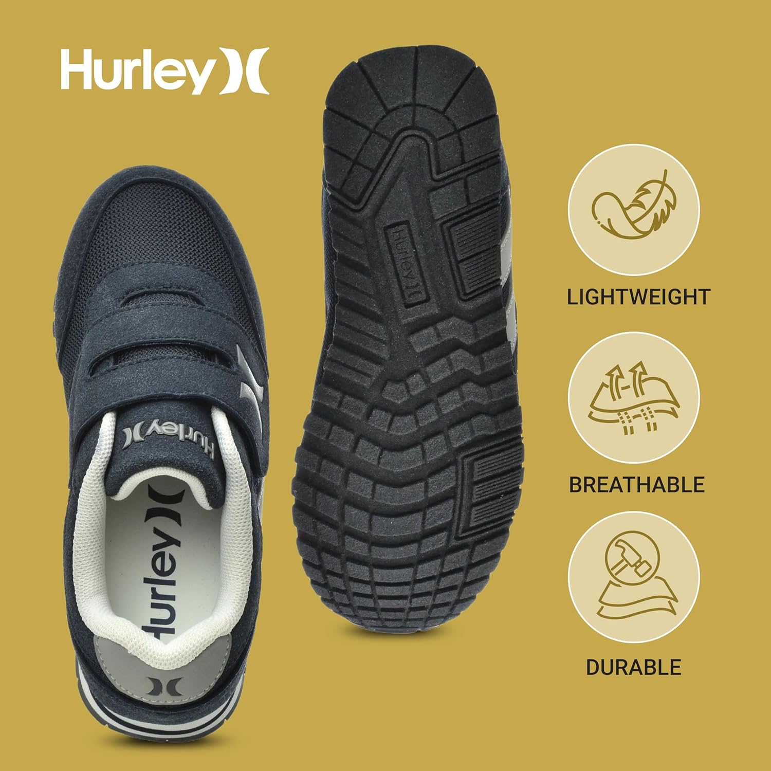 Детские кроссовки Hurley Kid's Knox для ходьбы - детские кроссовки с липучкой для легкого надевания, легкие обувь для бега и ходьбы для мальчиков и девочек, кроссовки для малышей, синий/серый/темно-синий — фото 2