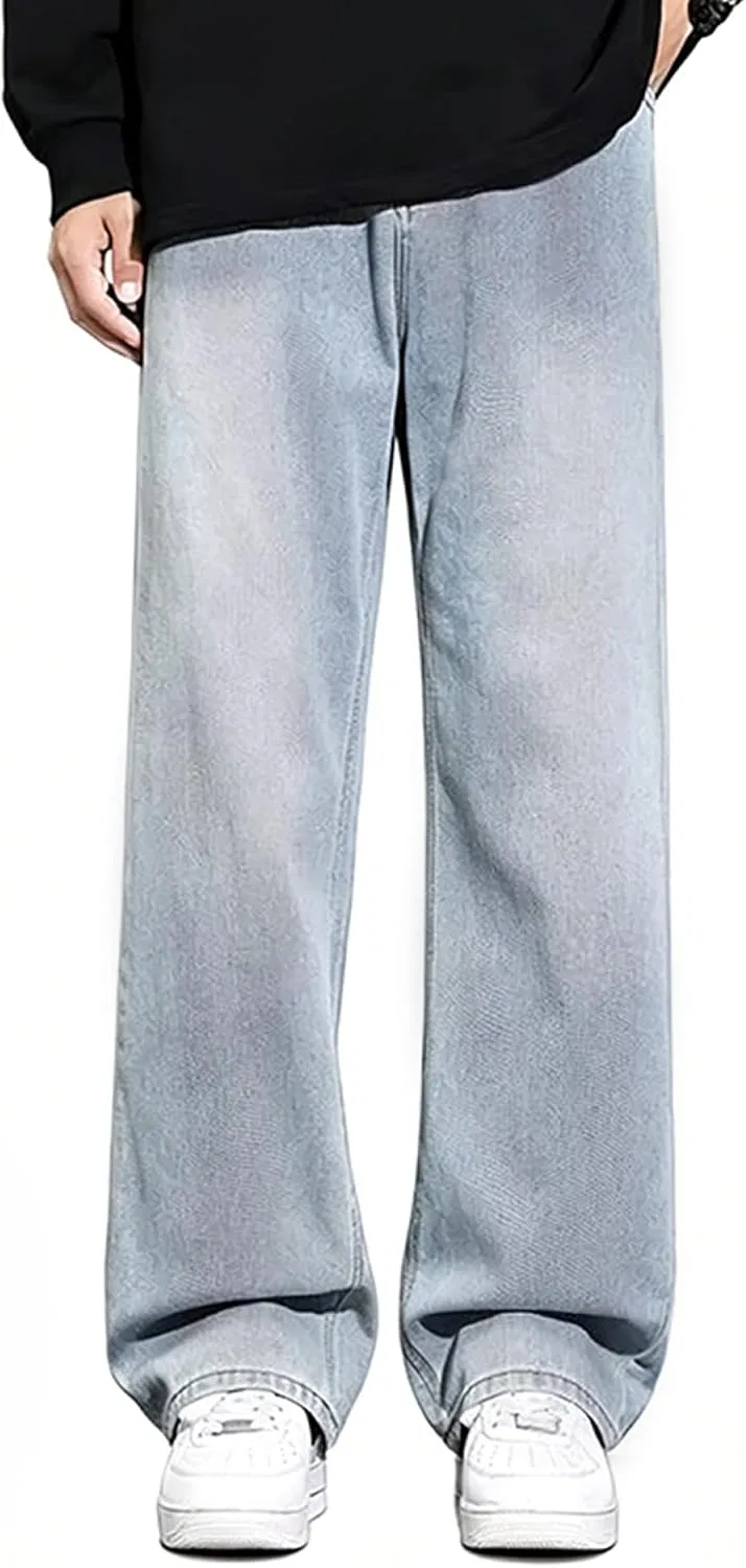 Джинсы свободные Men's Baggy Hip Hop Jeans Wide Leg Denim Pants Loose Fit Vintage Washed Y2k Skater Streetwear Casual Trousers, Light Blue — фото 2