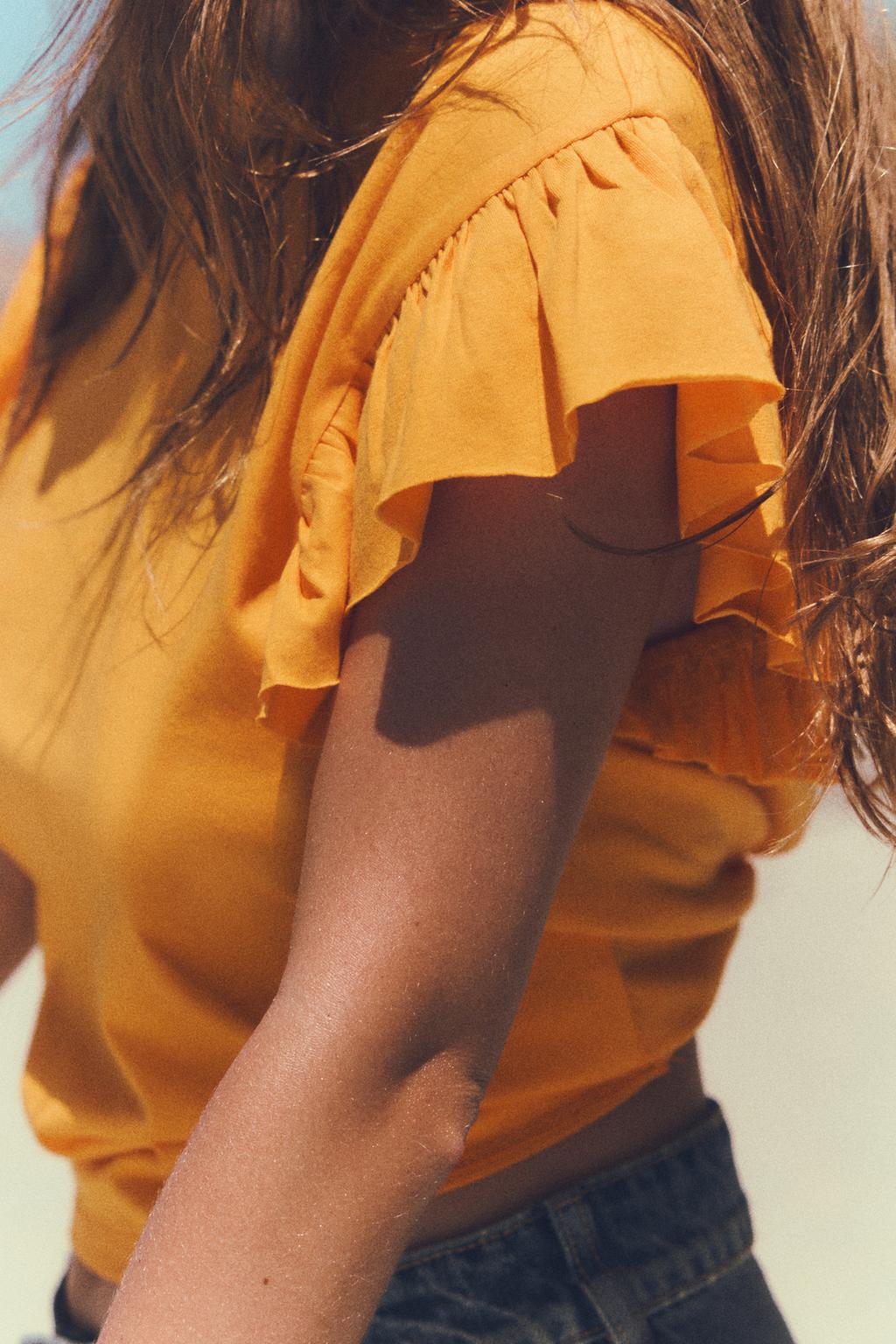 

Футболка из хлопка с оборками ZARA, оранжевый