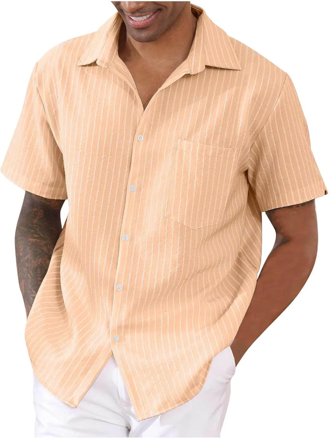 

Рубашка мужская Button Down Linen с лацканом и полоской, короткий рукав