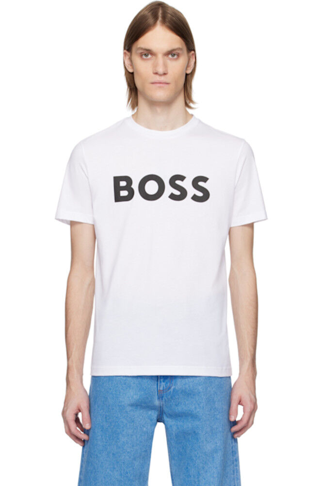 

Белая футболка с принтом изогнутого логотипа BOSS