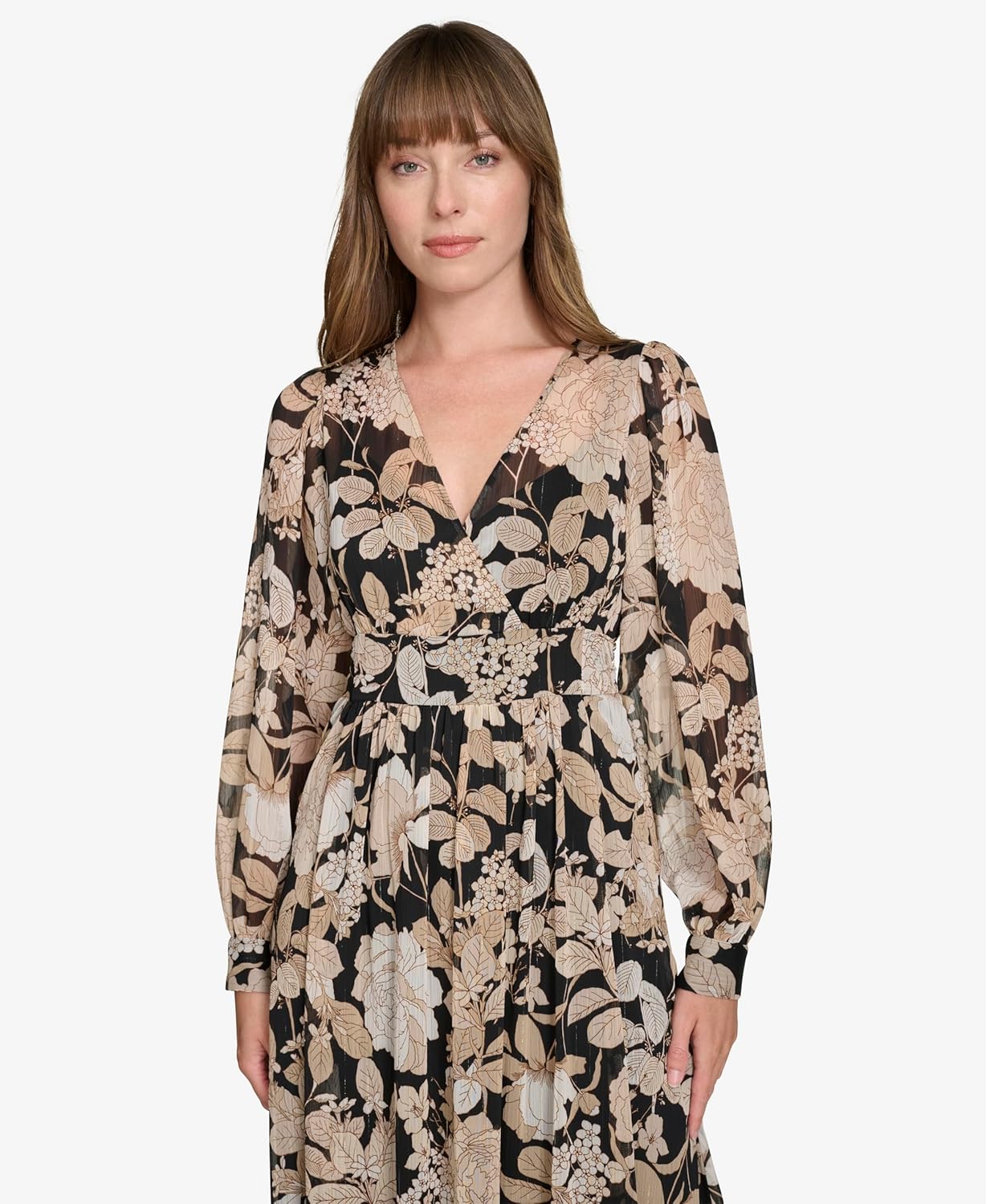 Женское платье макси Tommy Hilfiger с рукавами-фонариками, завязками на манжетах и вырезом-сюрпризом, Black/Sand — фото 3
