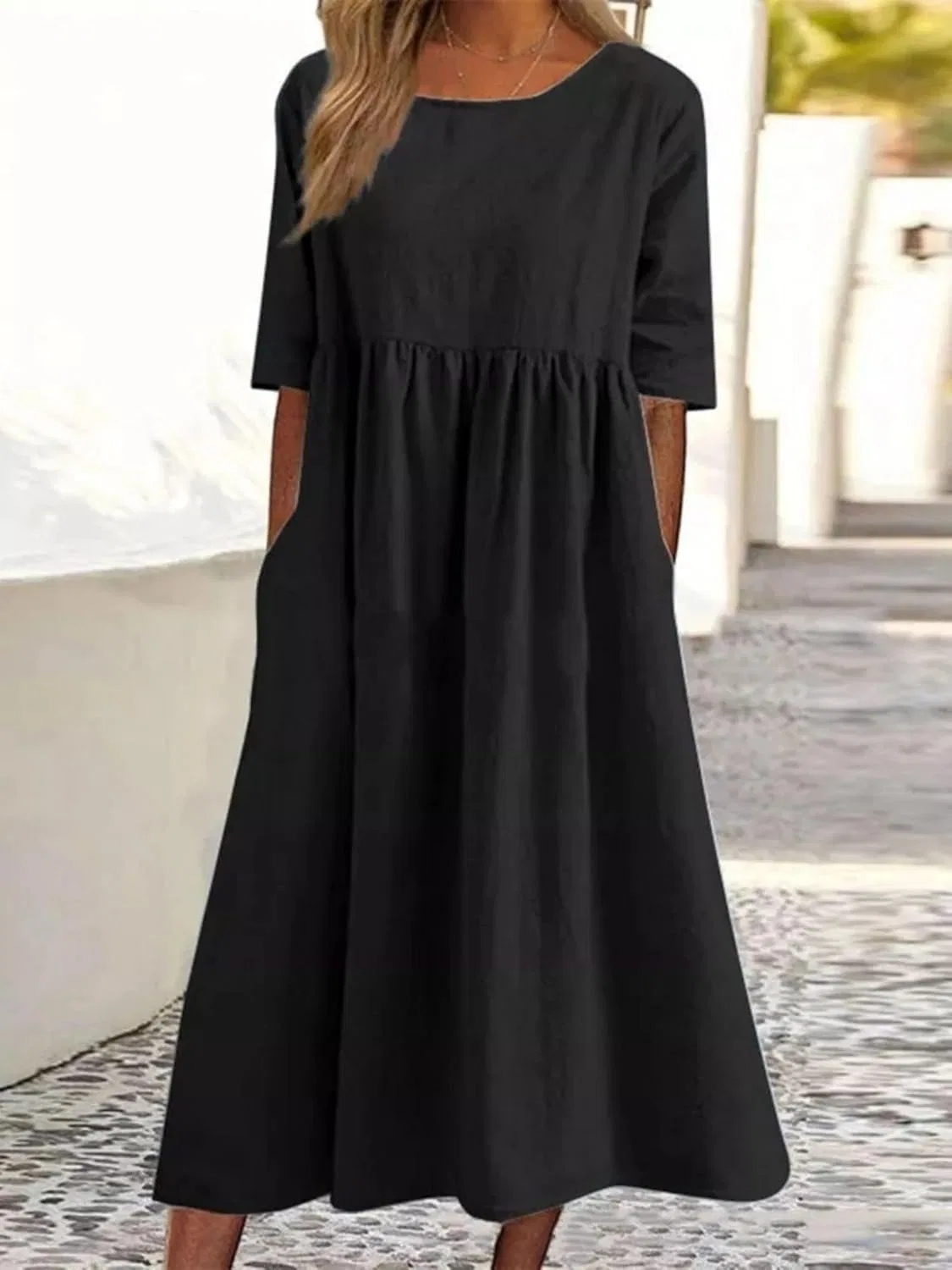 Женское платье макси Oversized Baggy Flowy из хлопка и льна с коротким рукавом, круглым вырезом и плиссировкой для пляжа Generic, черный — фото 2