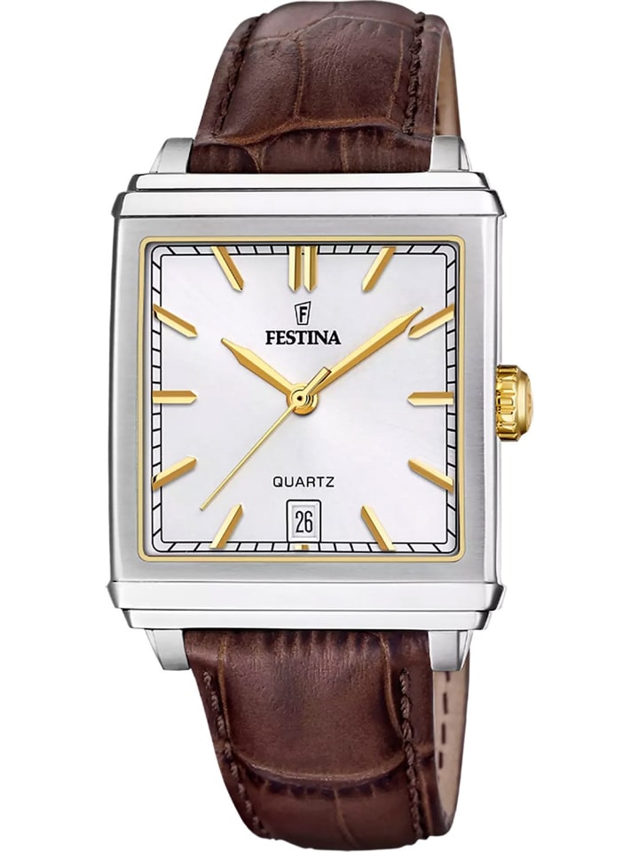

Festina Мужские прямоугольные двухцветные часы с кожаным ремешком, серебристо-коричневые
