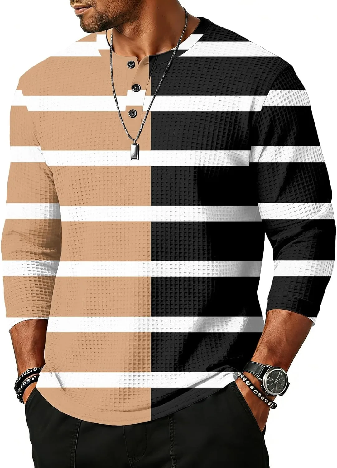 

Мужская рубашка 3/4 с рукавами henley, casual, с круглым вырезом, в полоску, с пуговицами