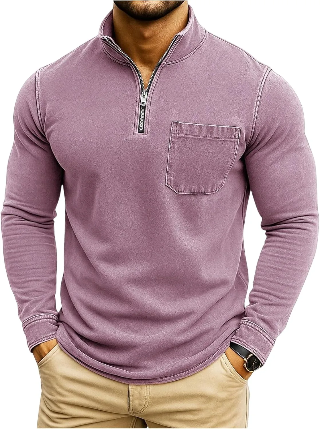 Поло для мужчин, quarter zip, slim fit, длинный рукав, винтажный стиль