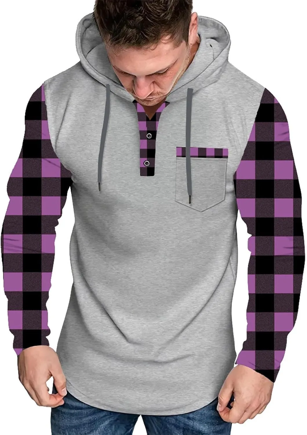 

Мужской худи с четвертью молнии спортивный с длинным рукавом и клетчатым принтом