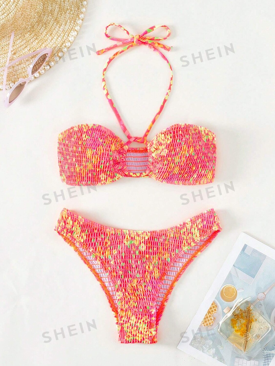 

Купальник Shein Swim Vcay Sling с цветочным принтом, розово-желтый