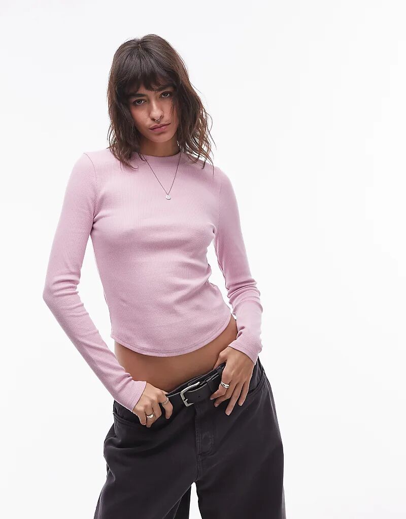 

Футболка с длинными рукавами и закругленным подолом розового цвета Topshop