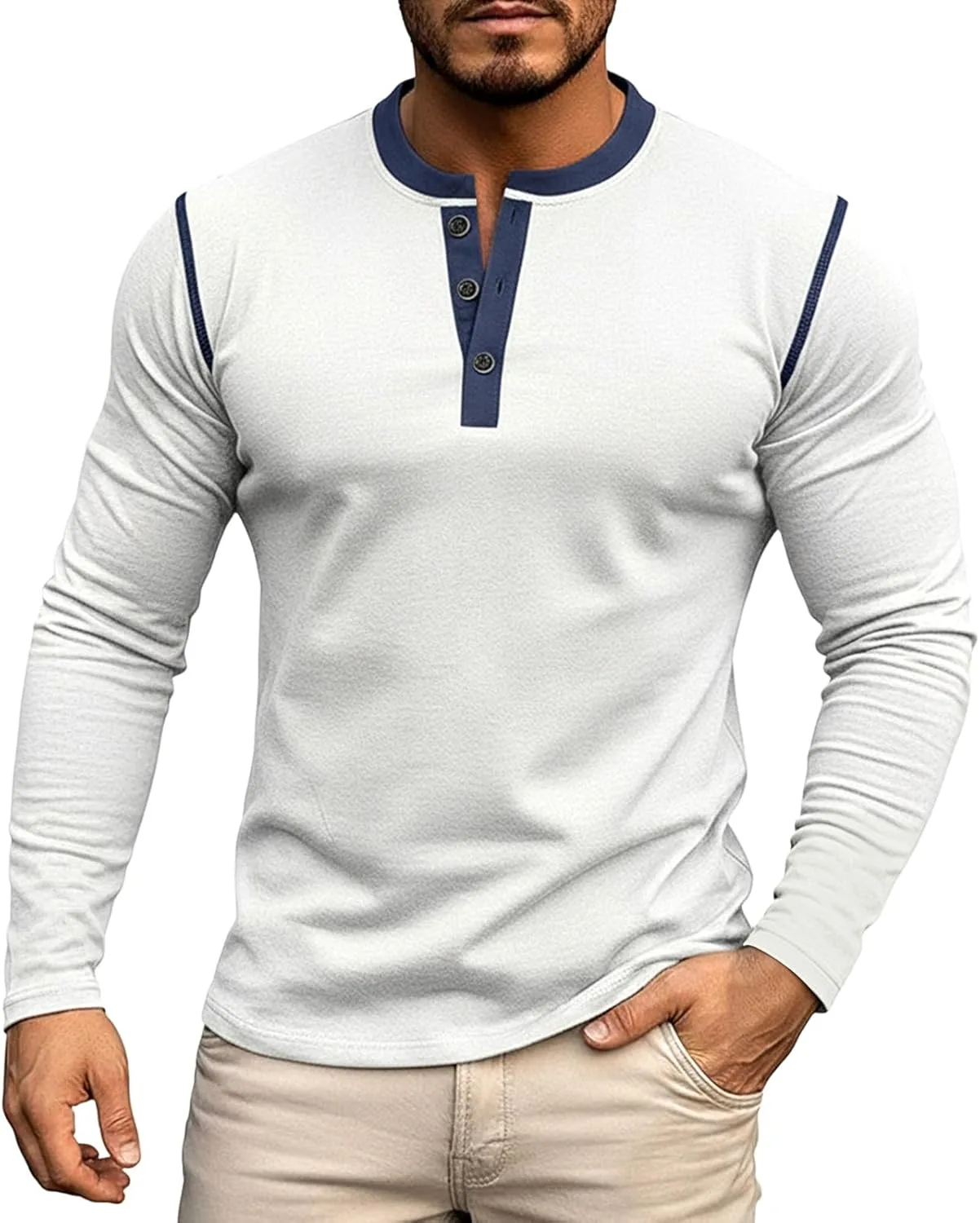 

Мужская рубашка поло с длинным рукавом, вафельная вязка, контрастный пэчворк