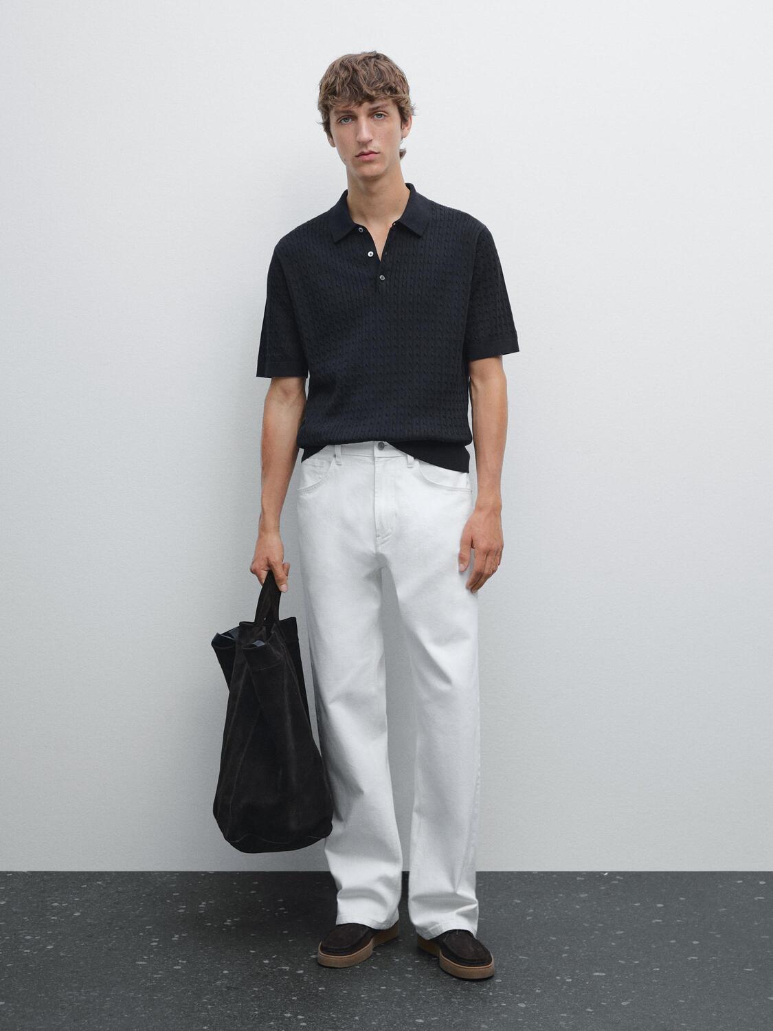 

Свитер-Поло из 100% хлопка с косичной вязкой Massimo Dutti, темно-синий