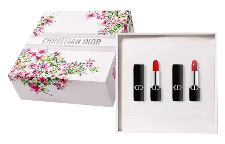 DIOR Помада матовая Intense Blue Gold Velvet, двойной набор в подарочной упаковке Love Floral Box Limited Edition, Legend Red #999+Russet Red #720