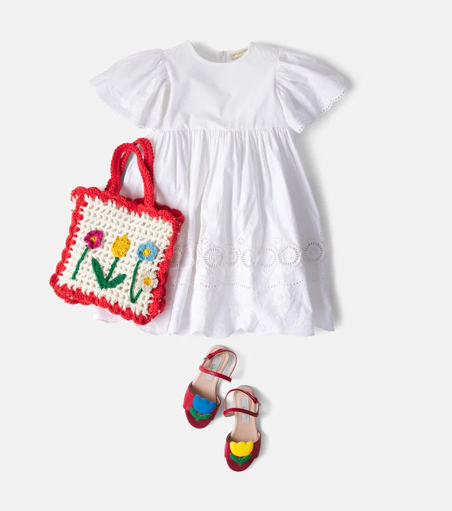Платье из хлопкового поплина с вышивкой и оборками Stella McCartney Kids, белый — фото 2