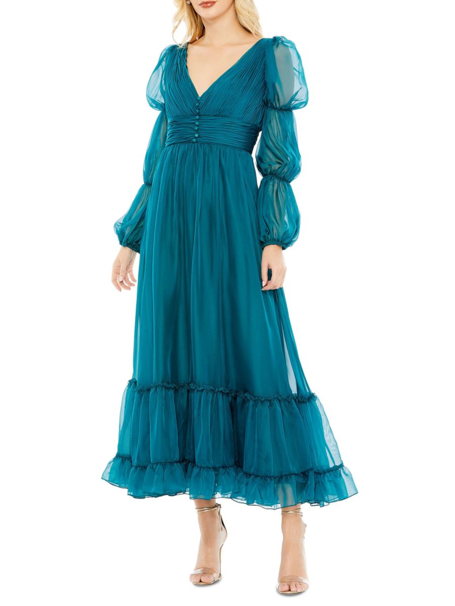

Платье миди А-силуэта из шифона с рюшами Mac Duggal, цвет Teal