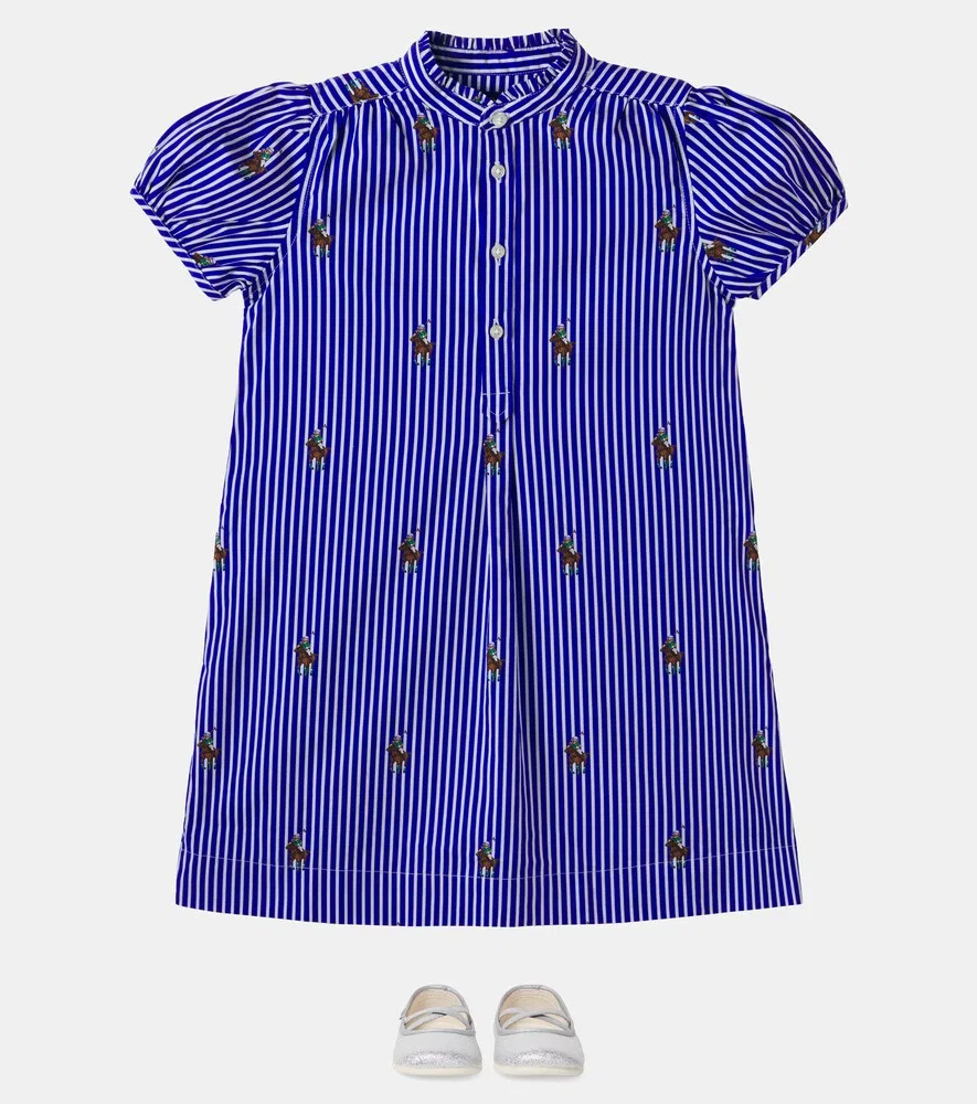 Хлопковое платье в полоску с логотипом Polo Ralph Lauren Kids, белый — фото 2