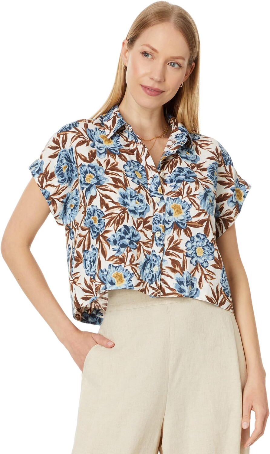 

Рубашка Madewell Crop Dolman Shirt in Floral 100% Linen, цвет Stonewash Blue