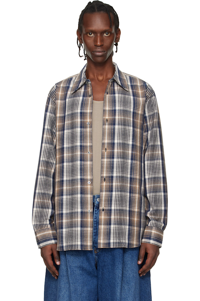 

Studio Nicholson Рубашка в клетку темно-синего и бежевого цвета из коллекции Аарона Левина