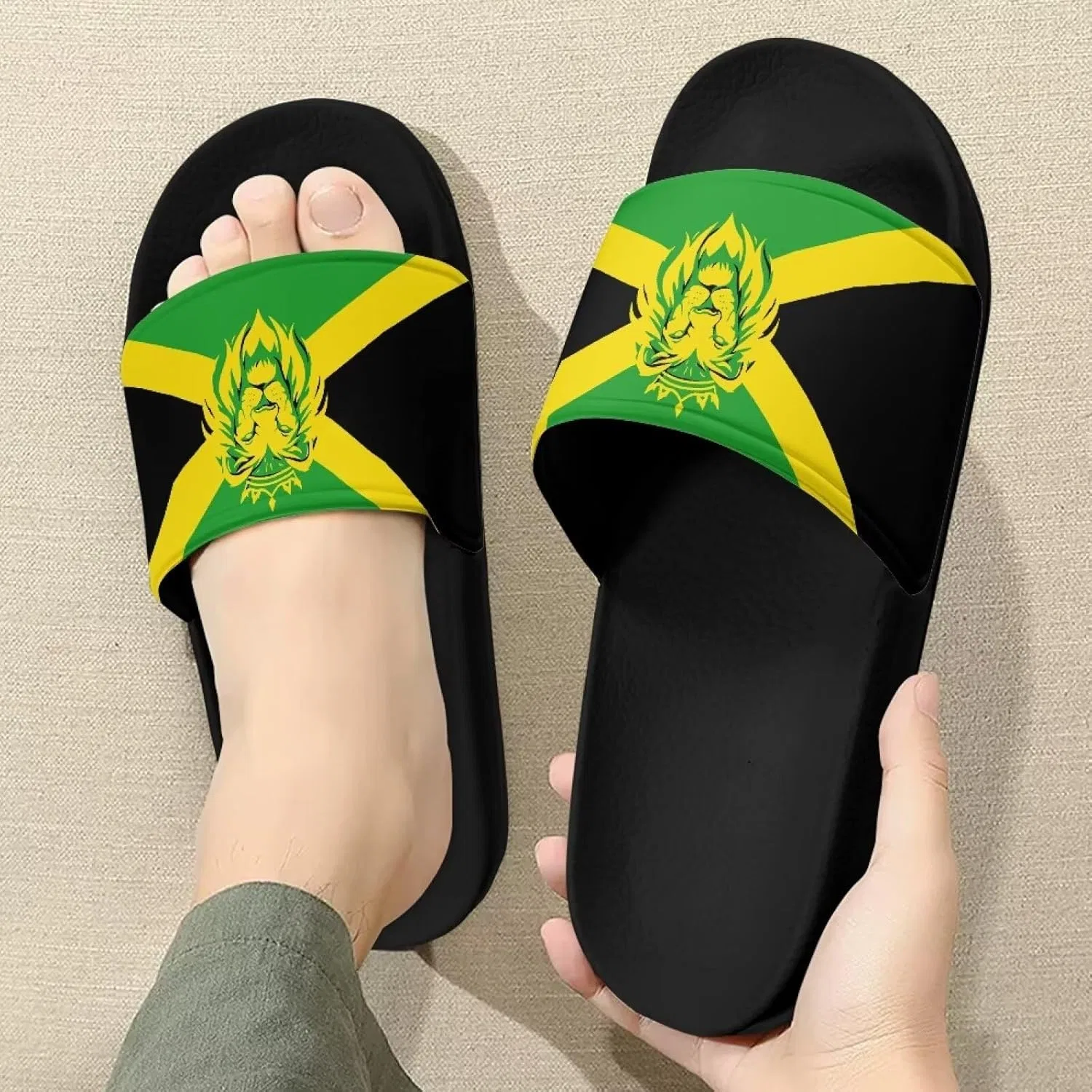 Сандалии с антискользящей подошвой, слайды, черная подошва, Jamaican Flag Lion Vuriqeby — фото 3