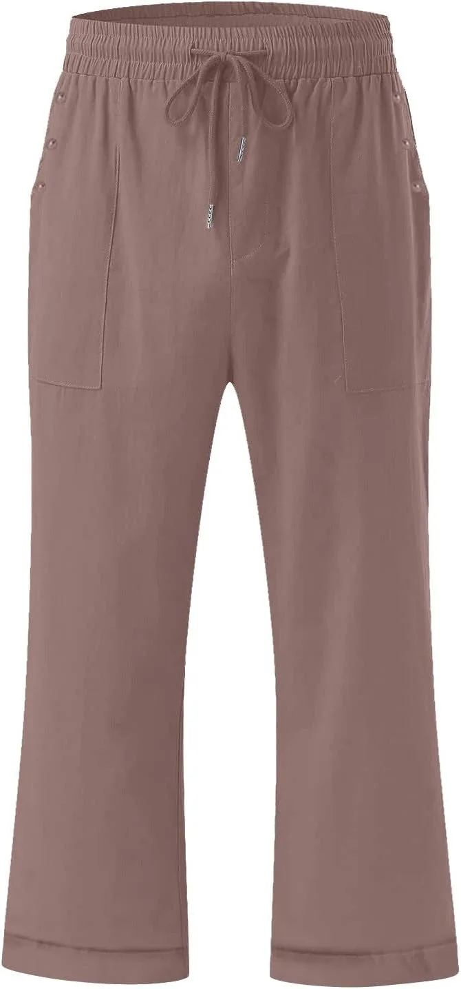 Летние капри для женщин из льна с карманами и шнурком — фото 3