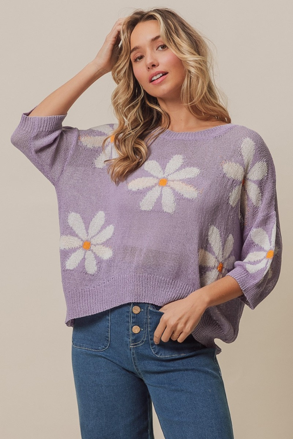 

Свитер с цветочным узором и разрезом FASHNZFAB, лавандовый/слоновая кость