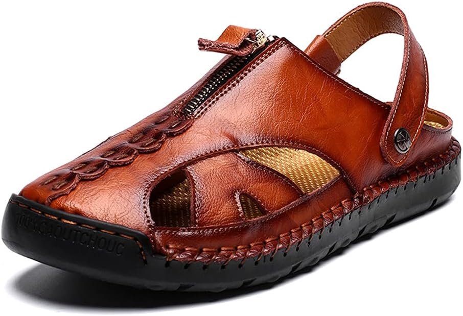 

Мужские пляжные водные сандалии UIKGITP с ручной строчкой и молнией, кожаные удобные многофункциональные шлепанцы, коричневый