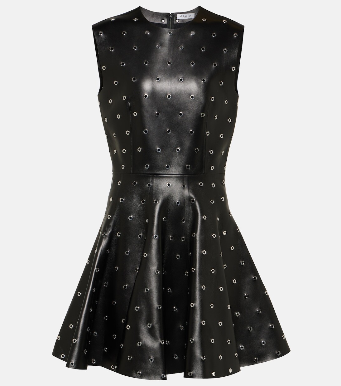 

Кожаное мини-платье трапециевидного силуэта с заклепками Alaïa, черный