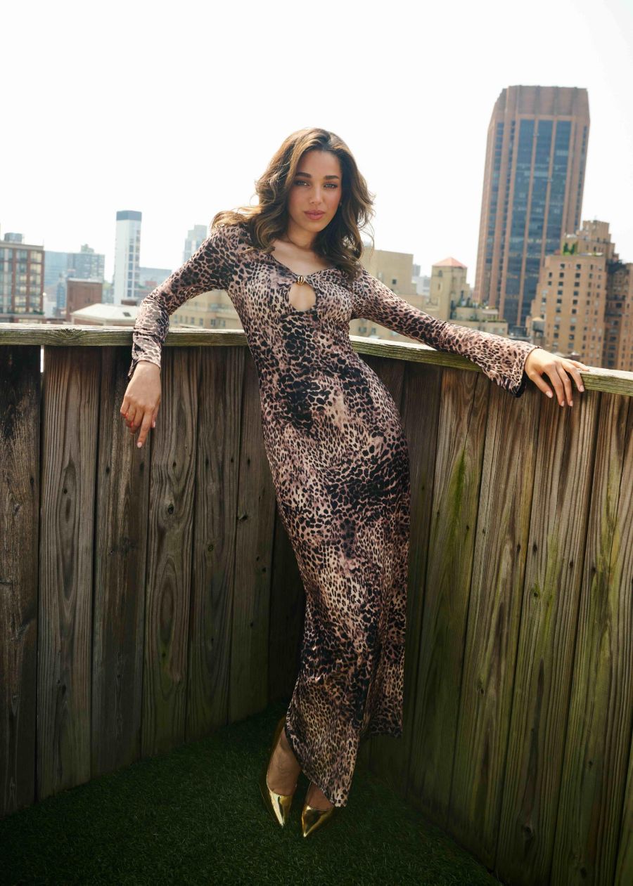 

Женское длинное платье с длинными рукавами и вырезом-капелькой Bebe, Leopard