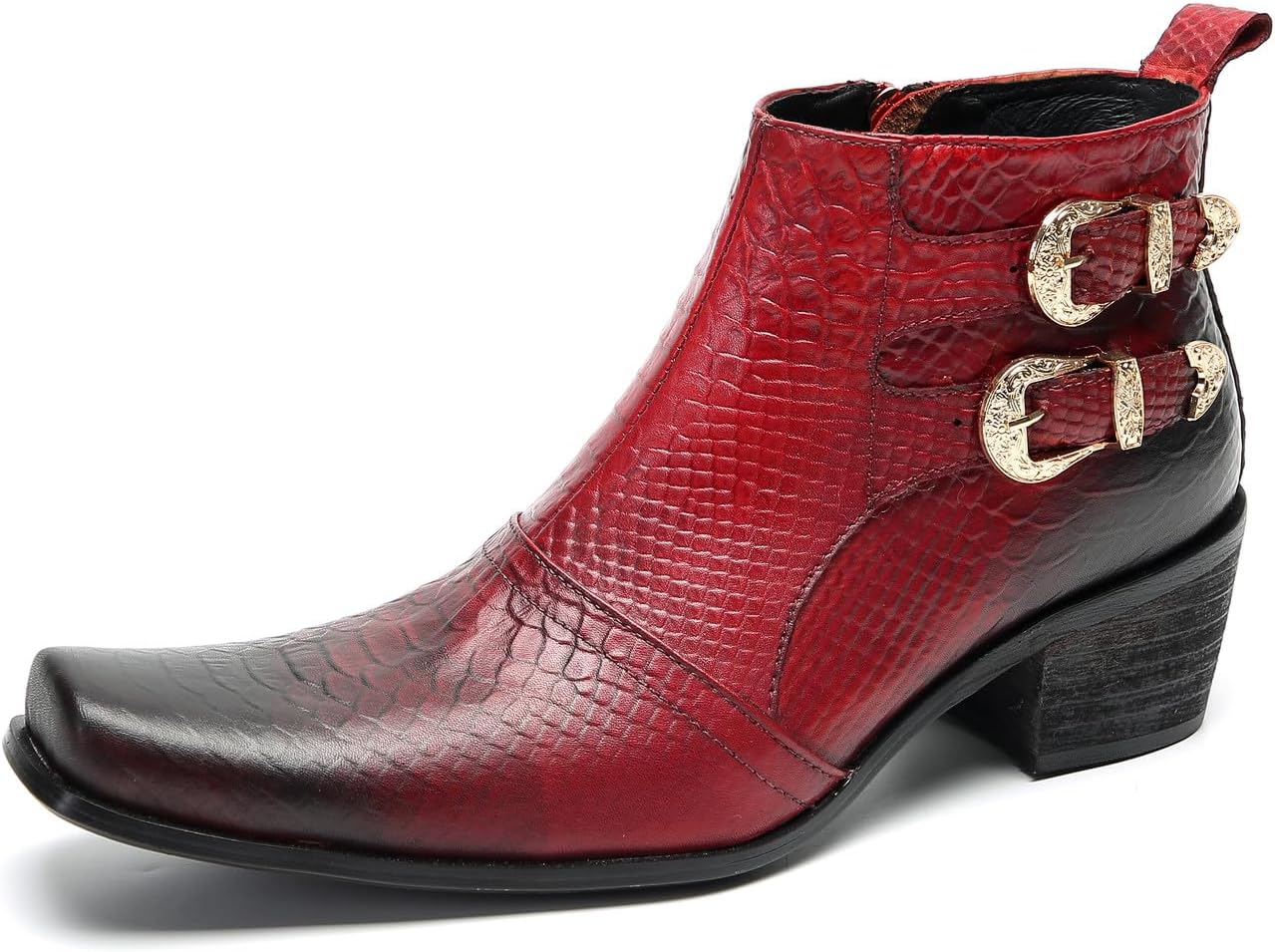 

Мужские вестерн-кэжуал челси сандимон - настоящие кожаные ковбойские ботинки с пряжкой и молнией для свадьбы, дискотеки и вечеринки Santimon, красный