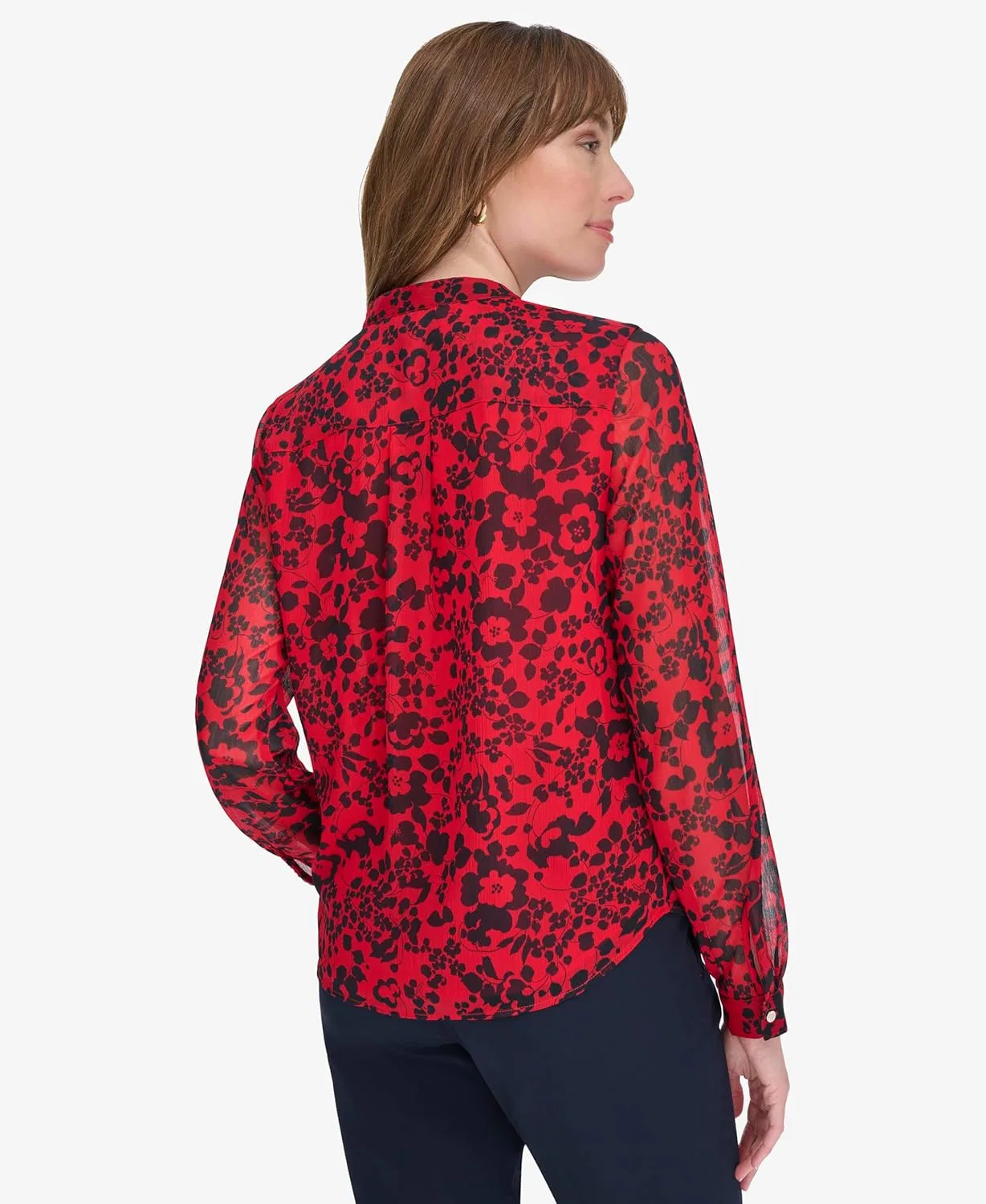 Блуза с воланами и цветочным принтом, Long Sleeve Ruffle V-Neck Blouse, Tommy Hilfiger, алый/темно-синий — фото 4