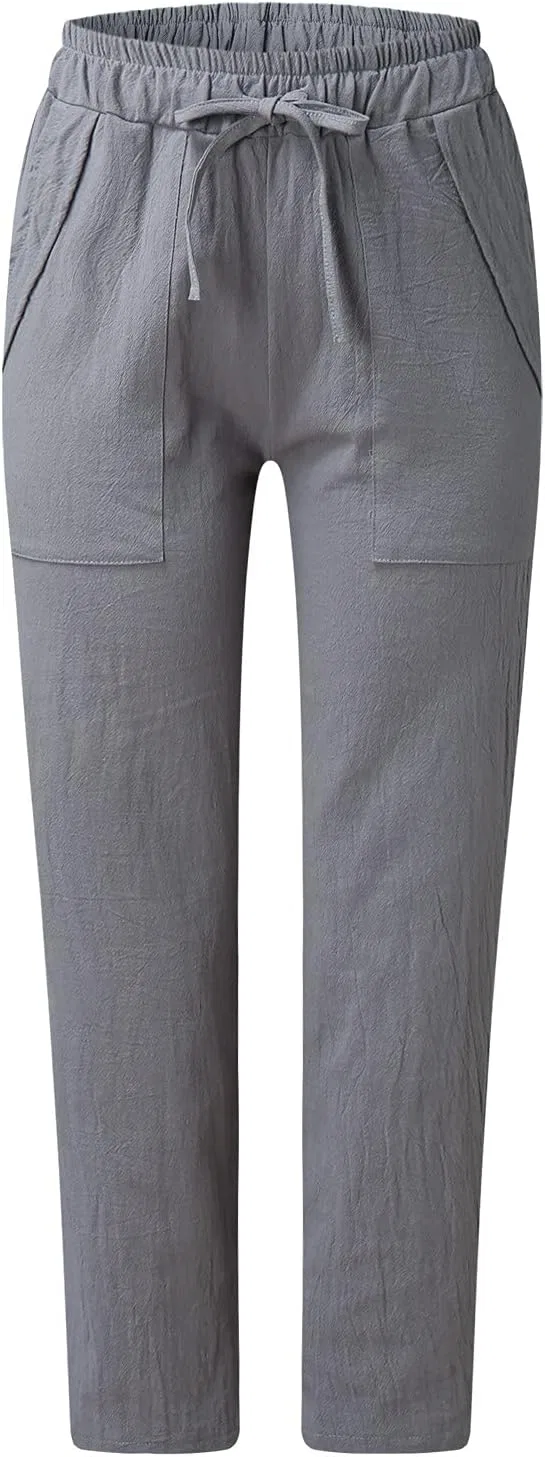 Женские льняные капри-брюки Casual из легкой льняной смеси с широкими штанинами, эластичным поясом, свободного кроя, с карманами, однотонные, летние Generic, серый — фото 4