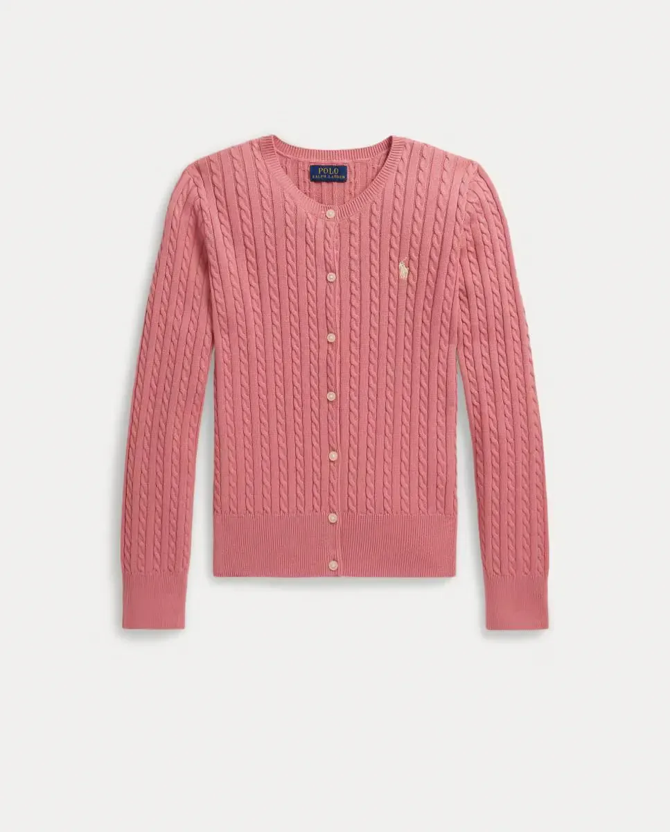 Детский хлопковый кардиган вязкой в косичку Polo Ralph Lauren, коралловый — фото 4