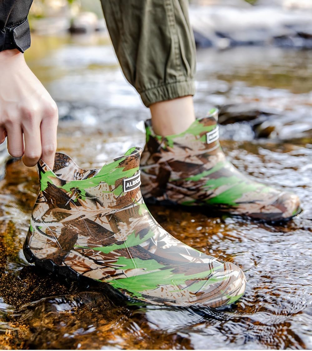 Мужские камуфляжные короткие резиновые ботинки для лодок и рыбалки, водонепроницаемые, легкие, дышащие, с широкой противоскользящей подошвой Geerta, зеленый — фото 3