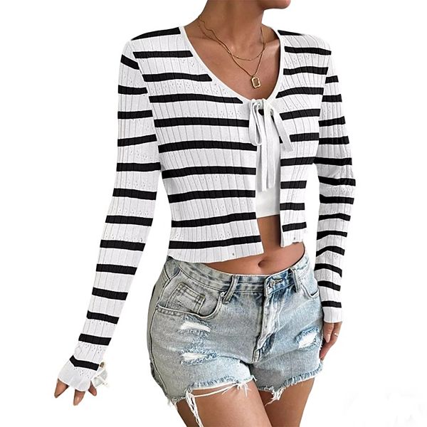 

Женский полосатый кардиган с завязкой спереди, укороченный, с длинными рукавами Clearflower, White Black Stripe