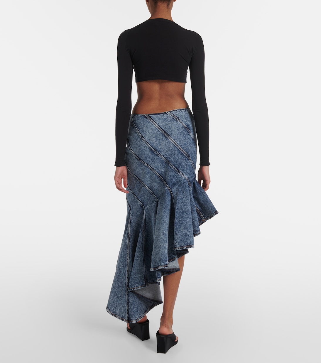 Юбка миди из денима спиральной асимметричной формы Alaïa, Bleu Neige — фото 3