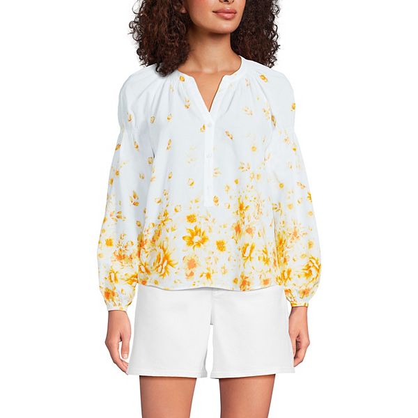 

Женская блузка с длинным рукавом реглан и сборками Lands' End, Pale Yellow Floral