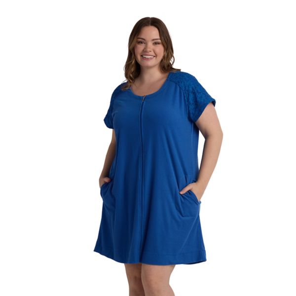 

Короткий махровый халат на молнии большого размера Miss Elaine Essentials, цвет peacock blue