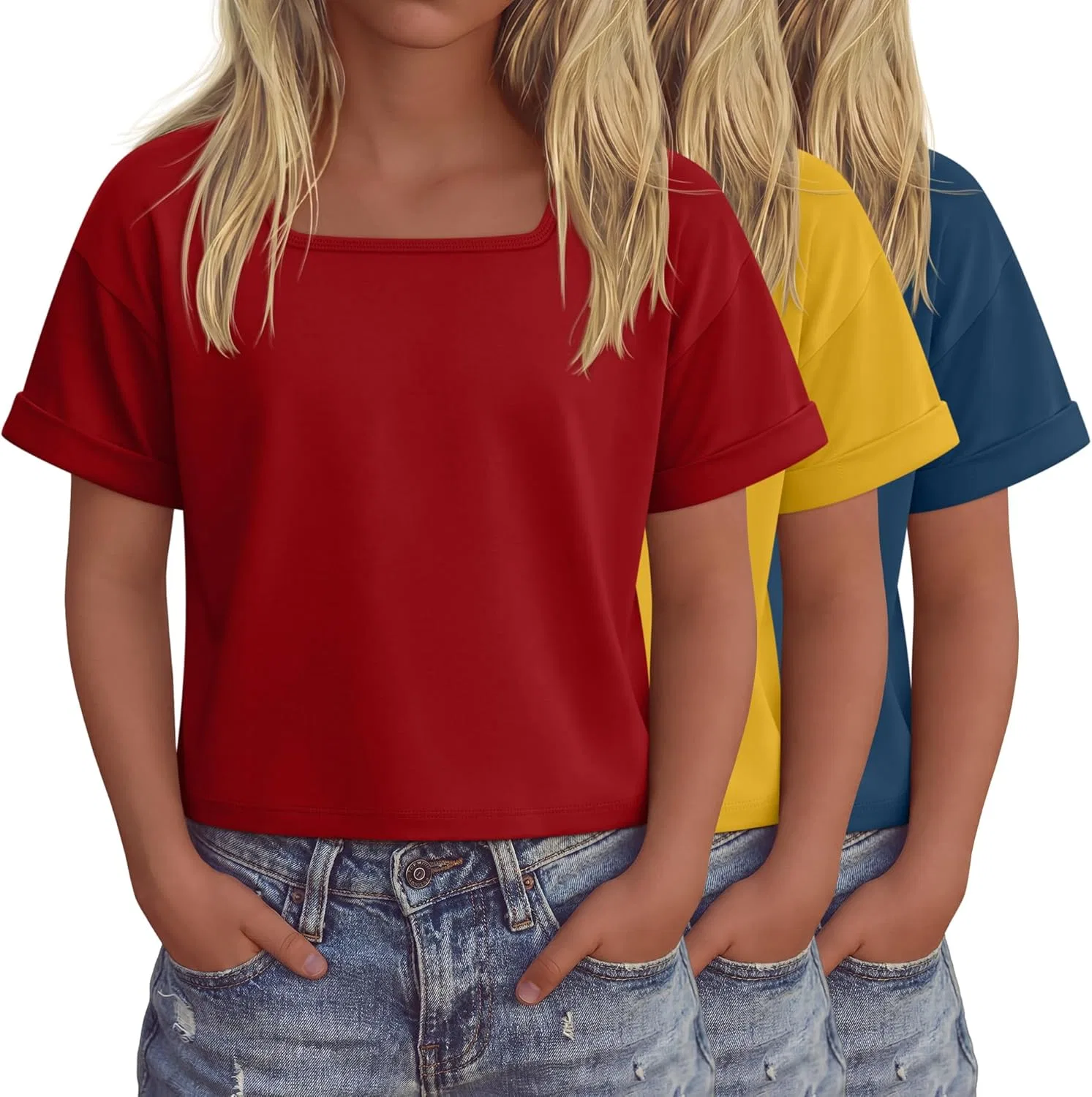 Набор из 3 детских топов оверсайз LessonZoo, короткий рукав, Red, Ginger Yellow, Denim Blue