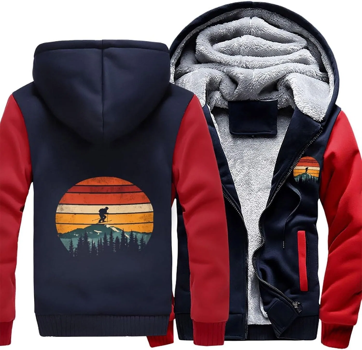 Винтажный худи на молнии для лыжников Vintage Sunset Skiing, утепленная флисовая толстовка-куртка для зимы Generic, красный — фото 3