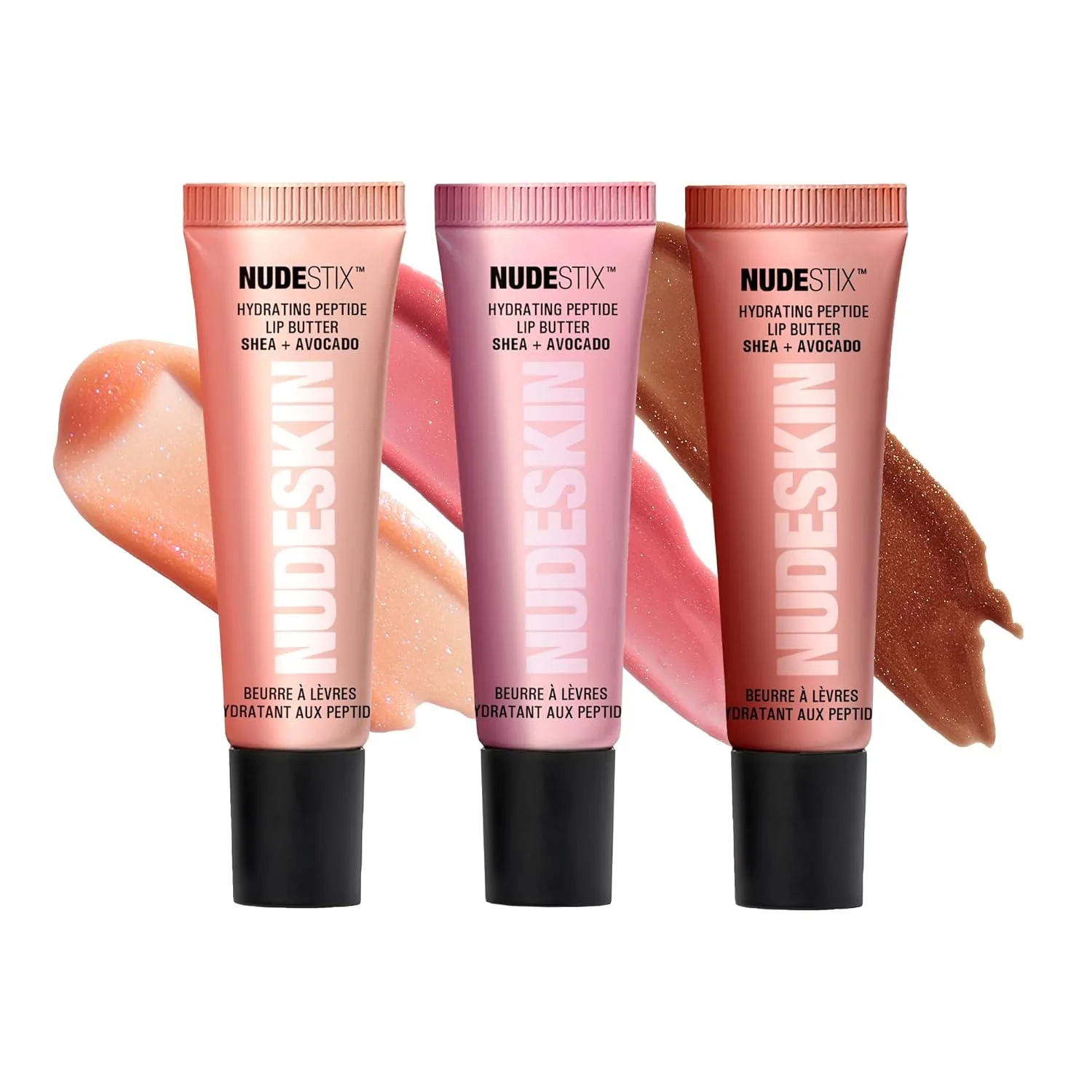 Nudestix Hydrating Peptide Lip Butter - блестящий бальзам для губ с авокадо, маслом ши и 2% пептидами для увлажнения и объема, Vanilla Sprinkle, Rose Sparkle, Mocha Magic — фото 2