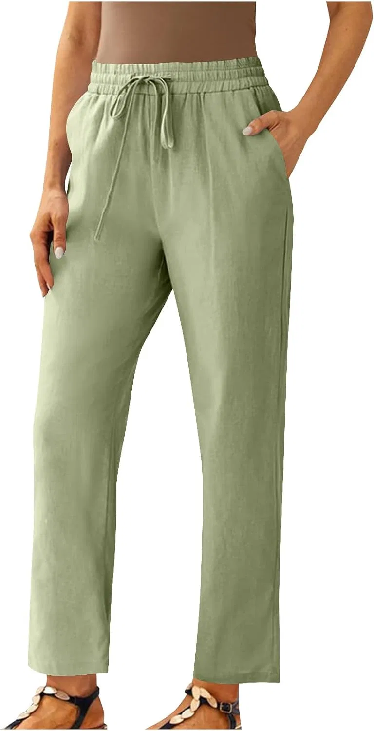 Брюки прямого кроя из льна с эластичным поясом, Cotton Linen, Green
